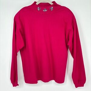Vintage NWT Deadstock Mock Neck Embroidered Top Sz S Long Sleeve Red Granny 90s